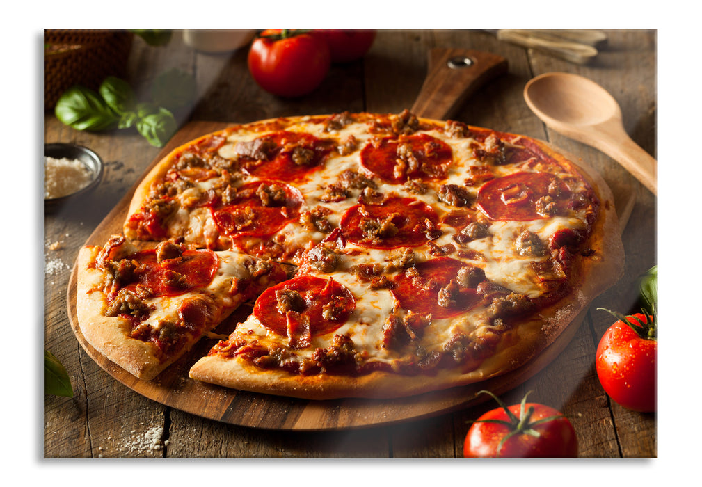 Pixxprint Pizza mit Salami und Tomaten, Glasbild