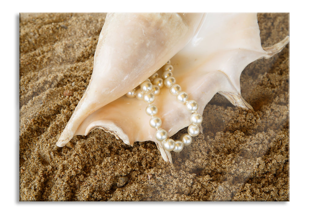 Muschel mit Perlenkette, Glasbild