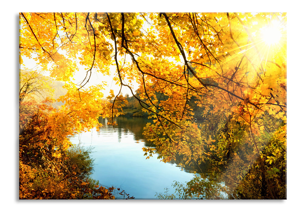 Pixxprint Landschaft mit See und Bäumen, Glasbild