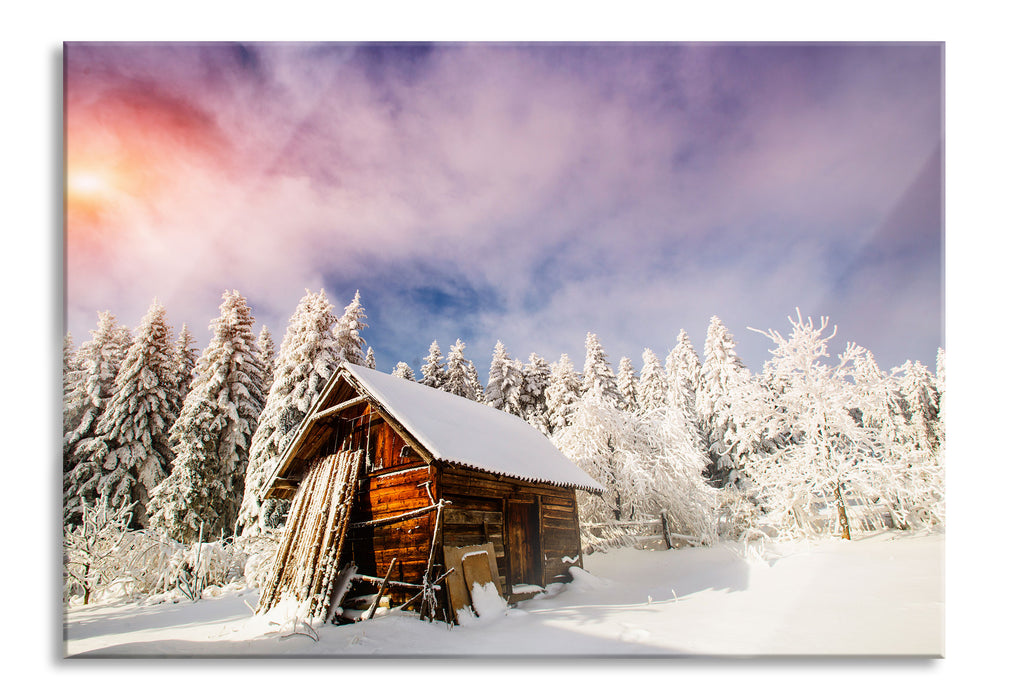 Pixxprint Holzhütte im Schnee, Glasbild