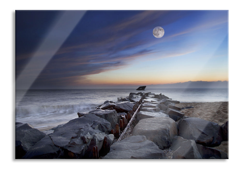 Pixxprint Steinlinie im Meer, Glasbild