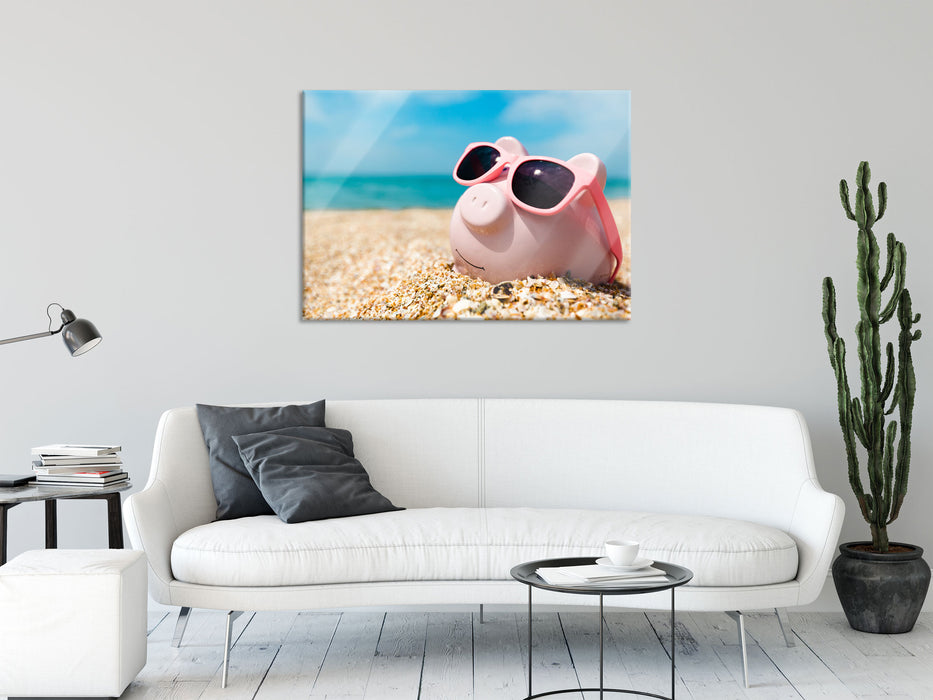 Schweinchen am Strand, Glasbild