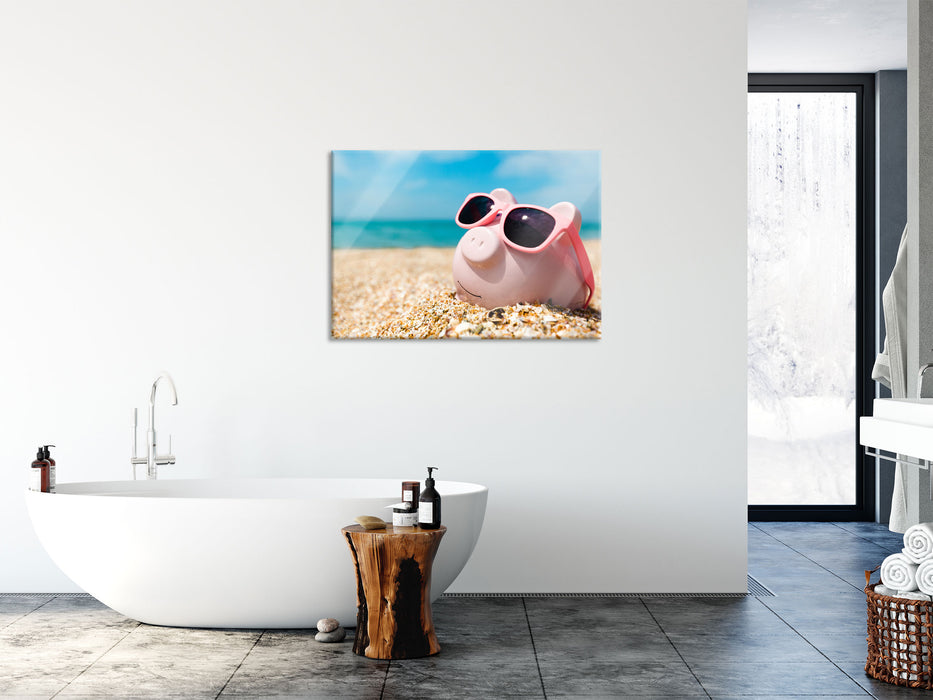 Schweinchen am Strand, Glasbild