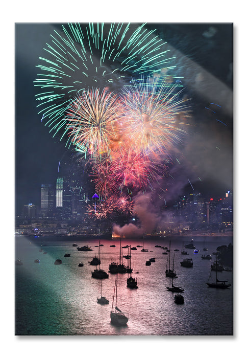 Pixxprint Boot auf See Feuerwerk, Glasbild