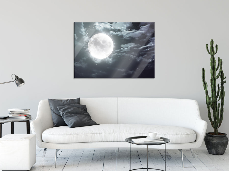 Vollmond Sterne Wolken, Glasbild