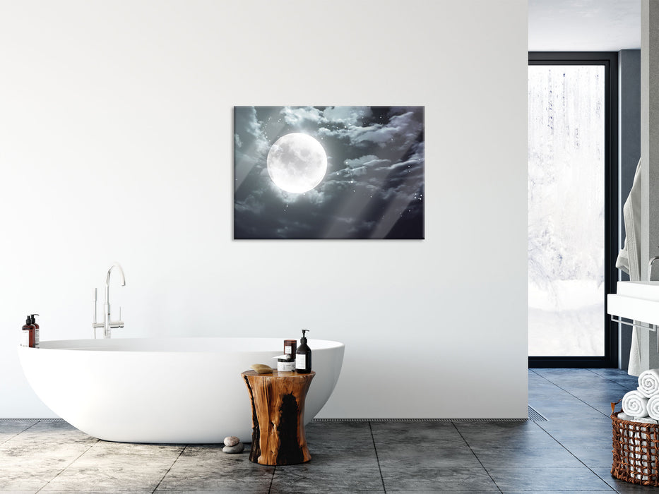 Vollmond Sterne Wolken, Glasbild