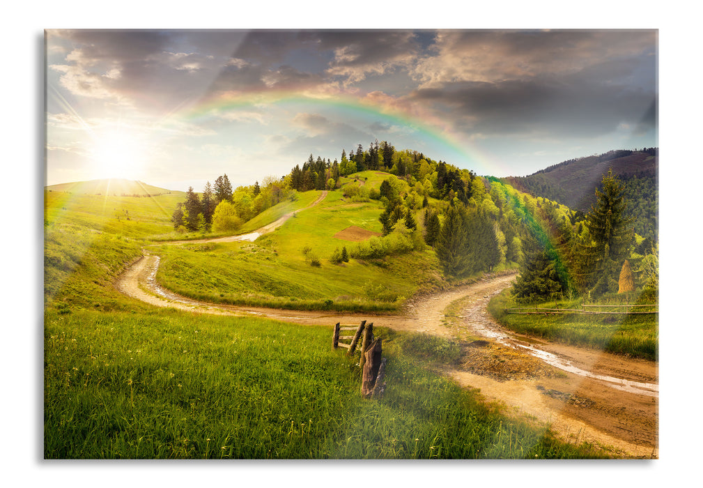 Pixxprint Landschaft mit Regenbogen, Glasbild