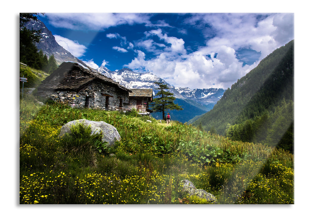 Pixxprint Wunderschöne Berghütte, Glasbild