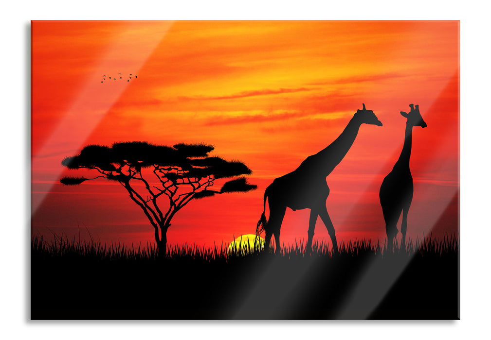 Pixxprint Afrika Giraffen im Sonnenuntergang, Glasbild