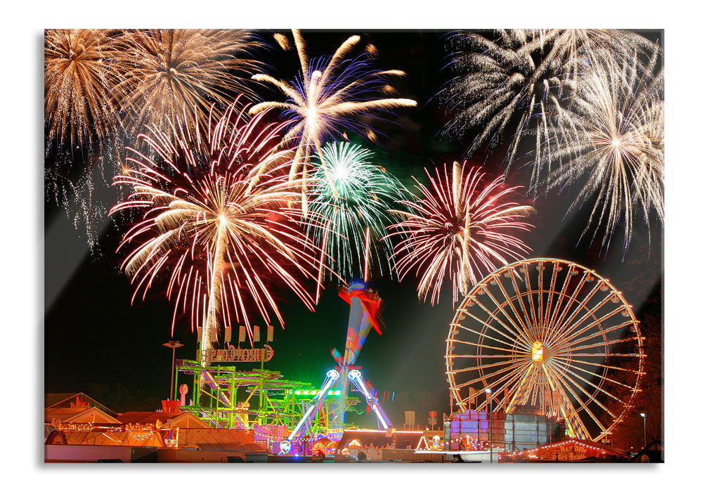 Pixxprint Silvester Riesenrad Feuerwerk, Glasbild