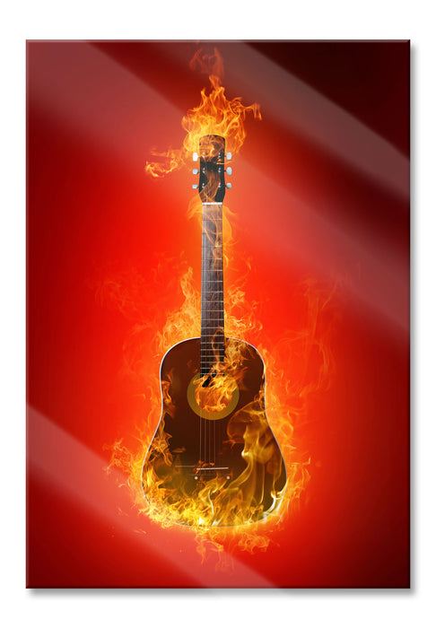 Pixxprint Brennende Gitarre Heiße Flammen, Glasbild