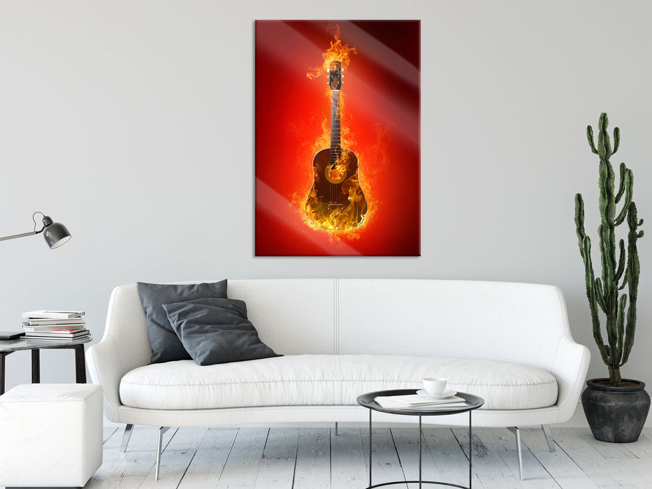 Brennende Gitarre Heiße Flammen, Glasbild