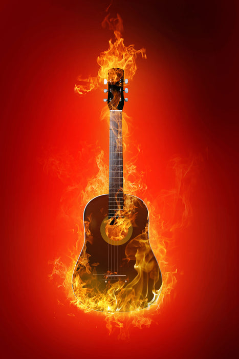 Brennende Gitarre Heiße Flammen, Glasbild