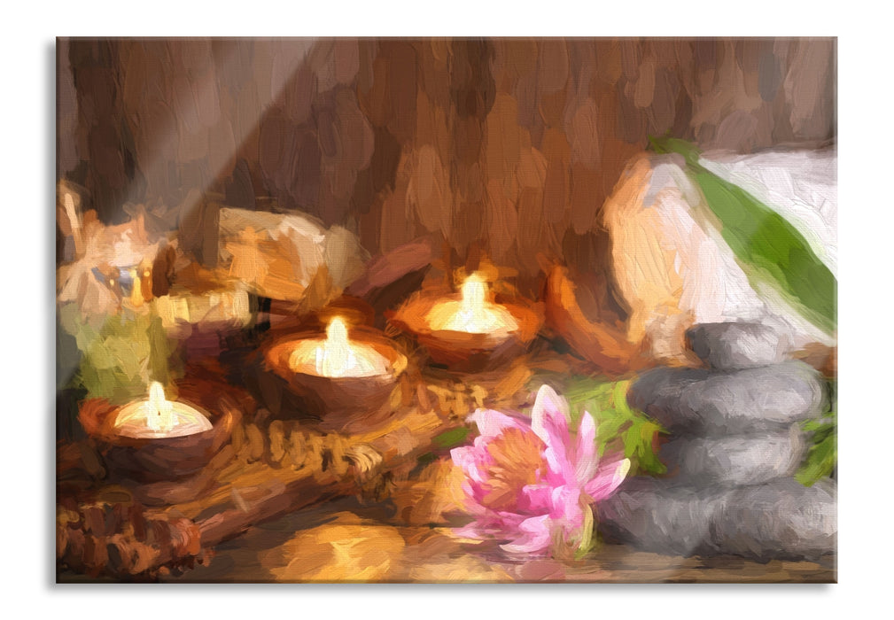 Pixxprint Kerzen mit Zen Steinen und Seerose, Glasbild