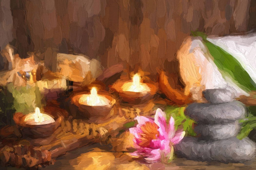 Kerzen mit Zen Steinen und Seerose, Glasbild