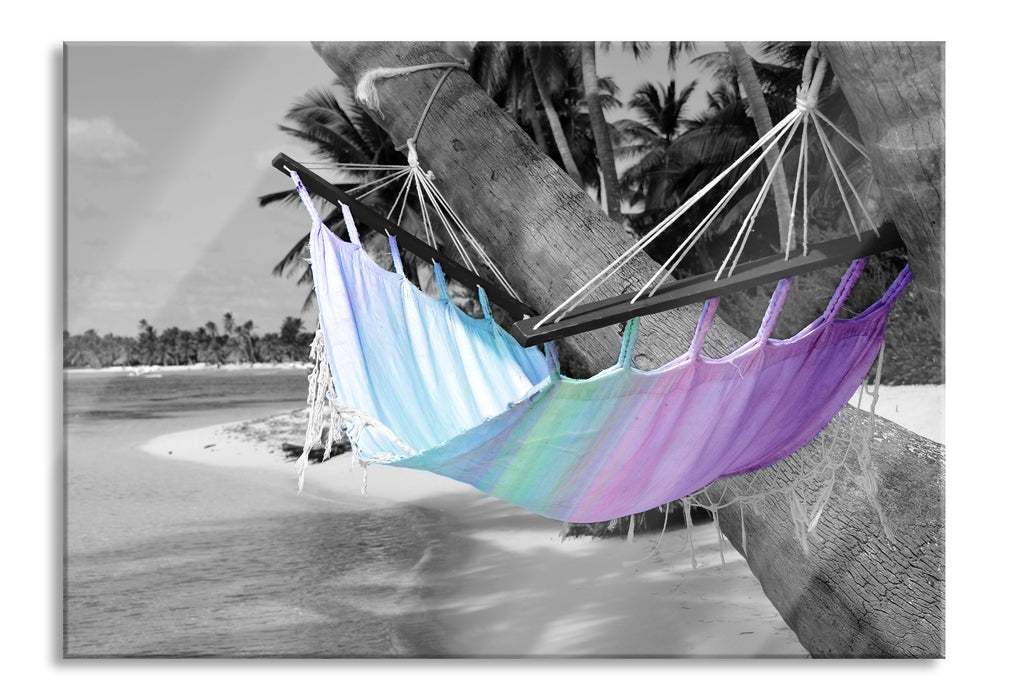 Pixxprint traumhafte Hängematte am Strand, Glasbild
