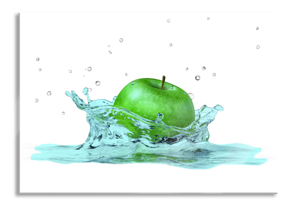 Pixxprint green Apple Apfel fällt in Wasser, Glasbild