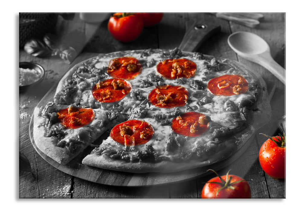 Pixxprint Salamipizza frisch aus dem Ofen, Glasbild