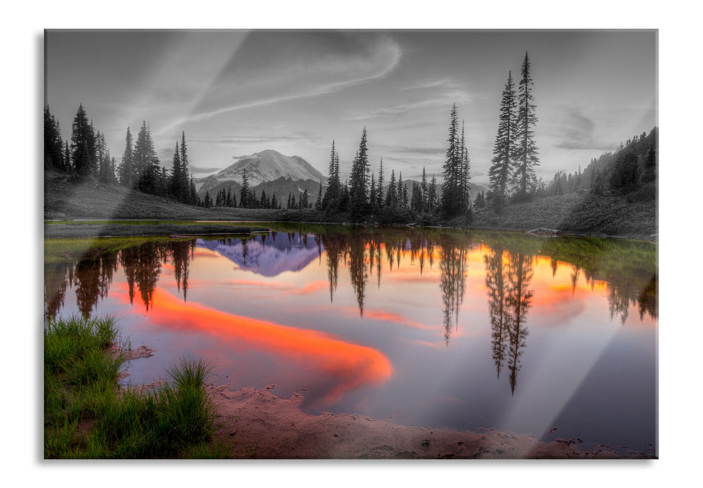 Pixxprint Sonnenaufgang an kleinem Bergsee, Glasbild