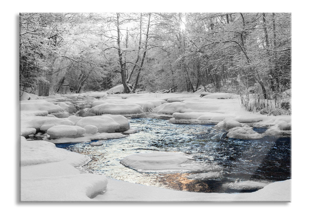 Pixxprint wunderschöner Bach im Winter, Glasbild
