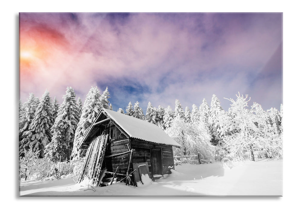 Pixxprint Holzhütte im Schnee, Glasbild