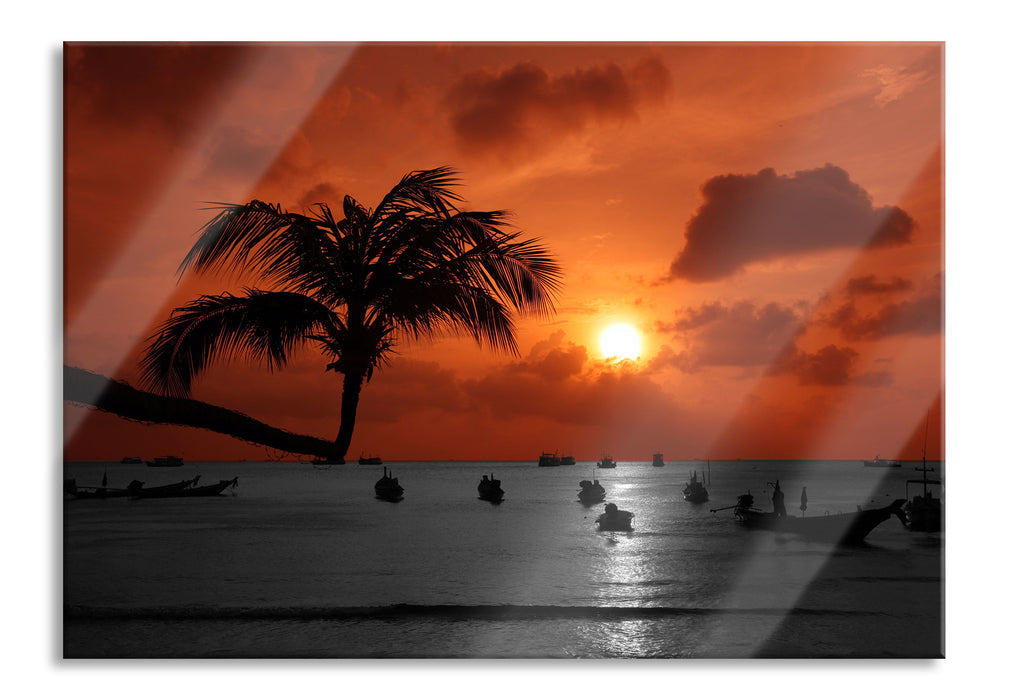 Pixxprint Sonnenuntergang mit Palmen, Glasbild