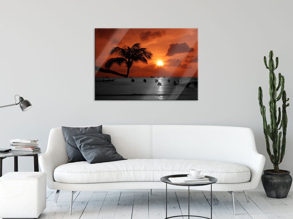 Sonnenuntergang mit Palmen, Glasbild