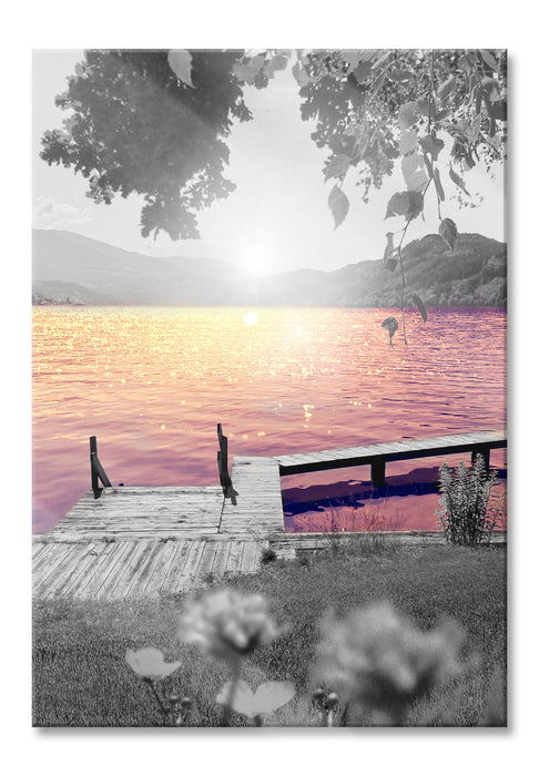 Pixxprint Steg am See bei Sonnenaufgang, Glasbild