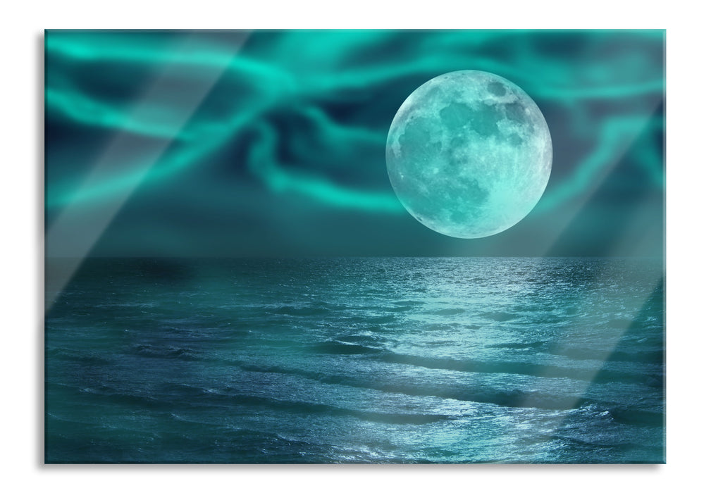 Pixxprint ruhiges Meer mit Vollmond, Glasbild