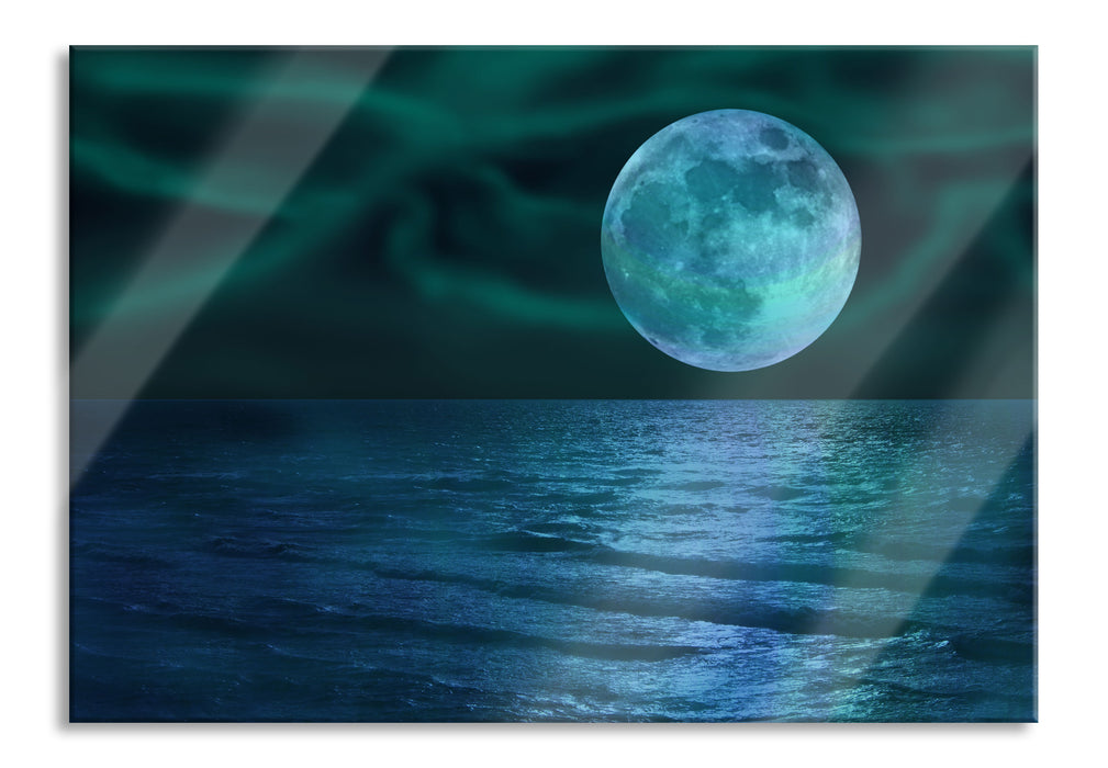 Pixxprint ruhiges Meer mit Vollmond, Glasbild