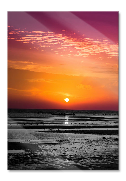 Sonnenaufgang über Wattmeer, Glasbild