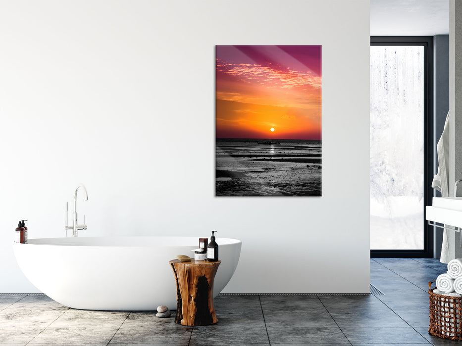 Sonnenaufgang über Wattmeer, Glasbild