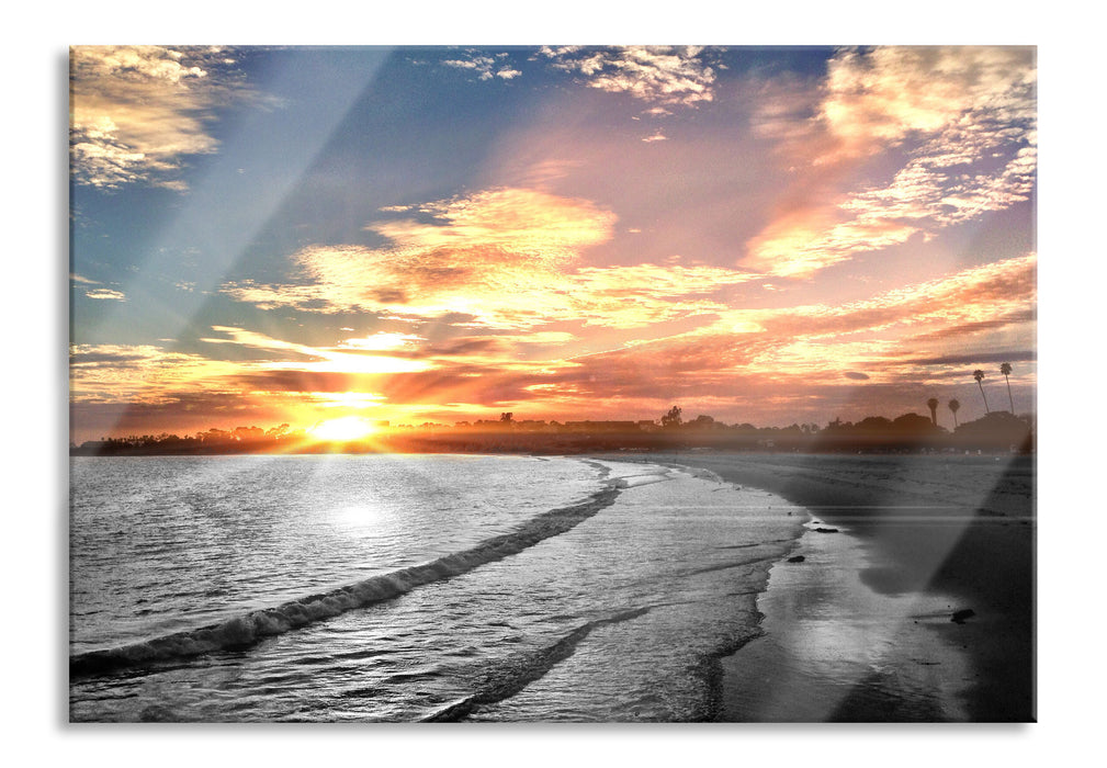 Strand bei Sonnenuntergang, Glasbild