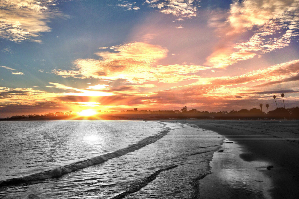 Strand bei Sonnenuntergang, Glasbild