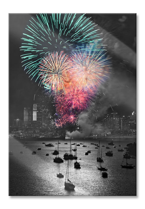 Pixxprint Feuerwerk über Meer, Glasbild