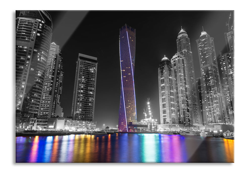 Skyline von Dubai bei Nacht, Glasbild