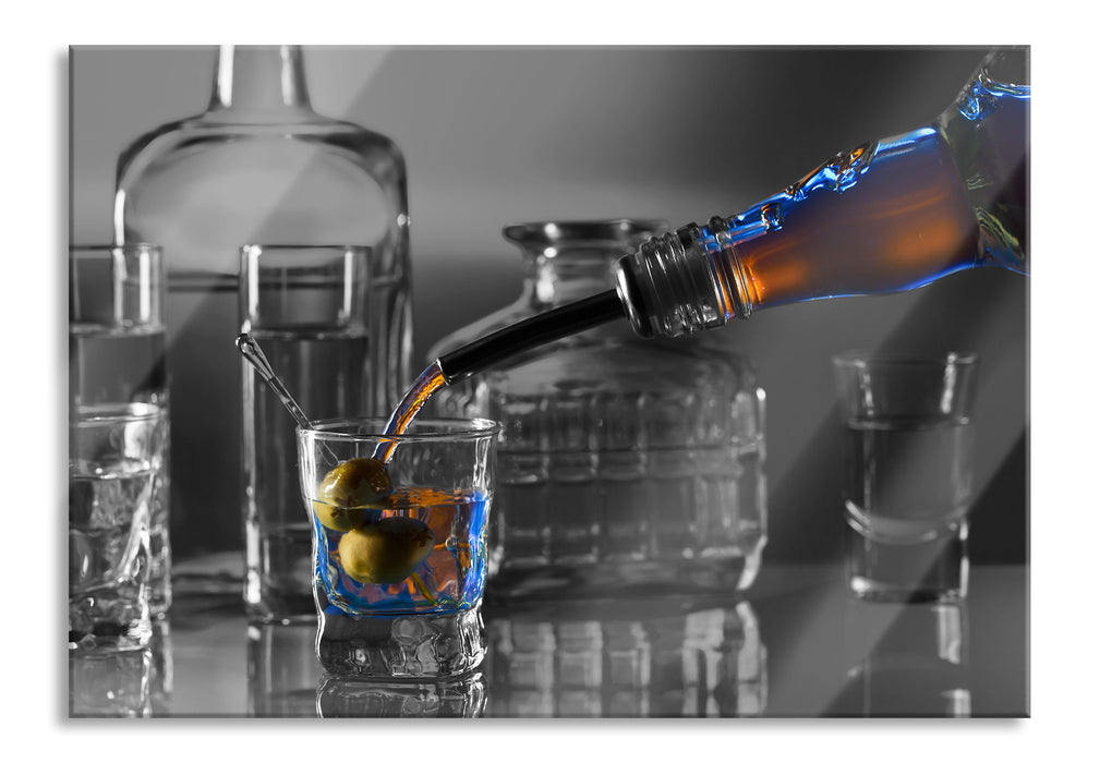 Pixxprint Alkohol Shots mit Oliven, Glasbild