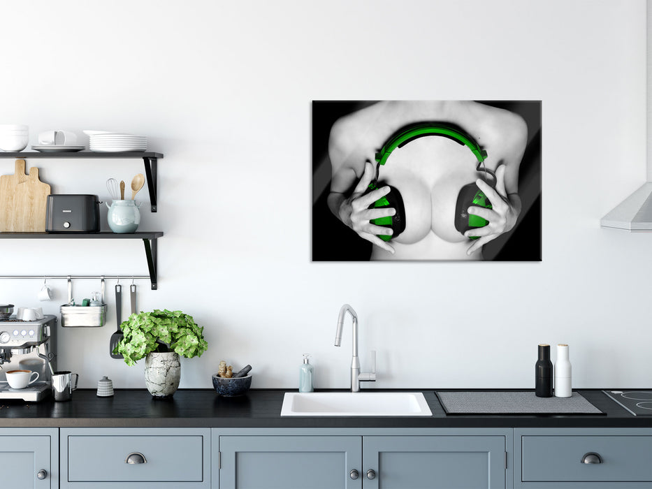 Dark Sexy girl grüne Kopfhörer, Glasbild
