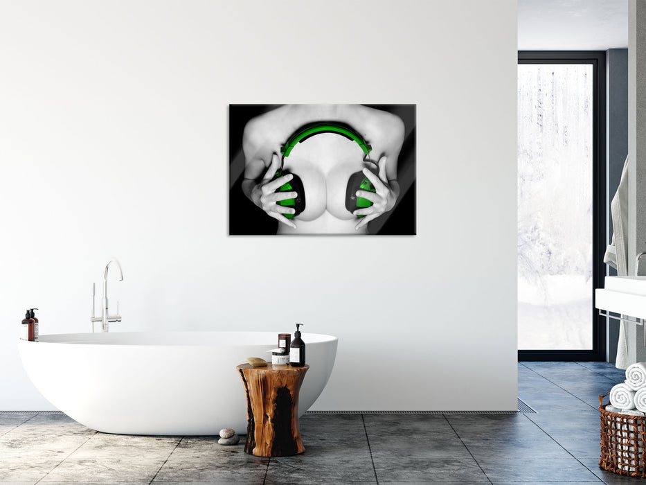 Dark Sexy girl grüne Kopfhörer, Glasbild