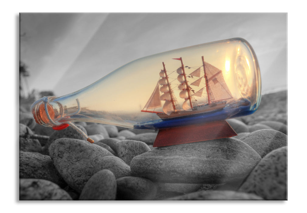 Pixxprint Schiff in Flasche, Glasbild