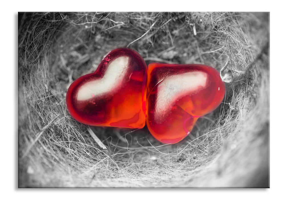zwei Herzen in kleinem Nest, Glasbild