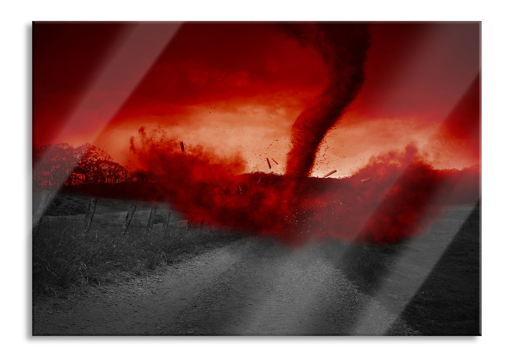 Roter stürmischer Tornado, Glasbild