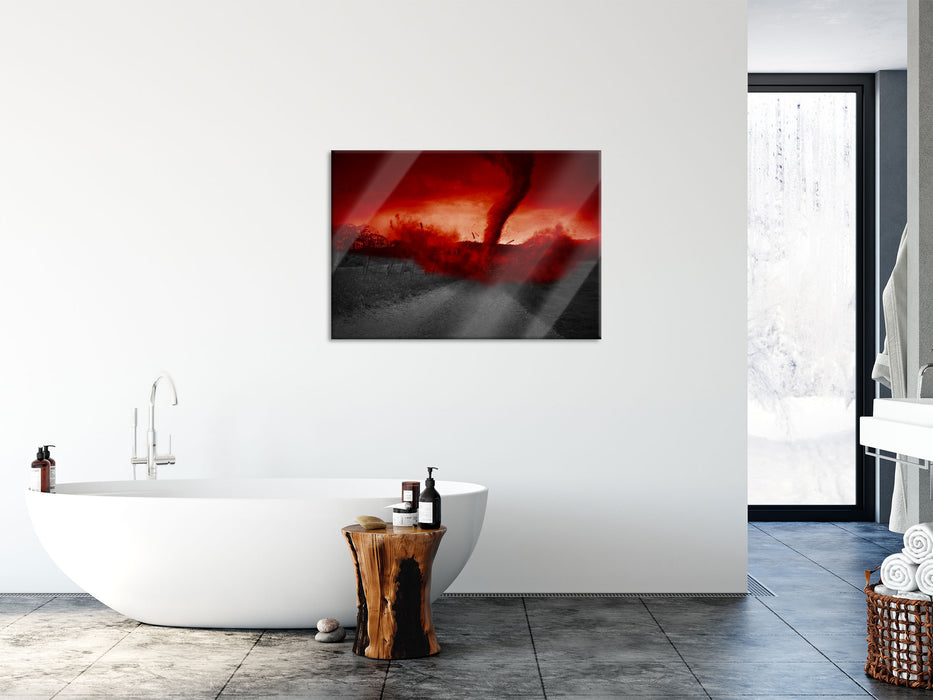 Roter stürmischer Tornado, Glasbild