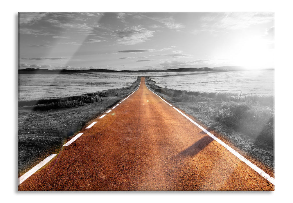 Pixxprint Landstraße bei Sonnenuntergang, Glasbild