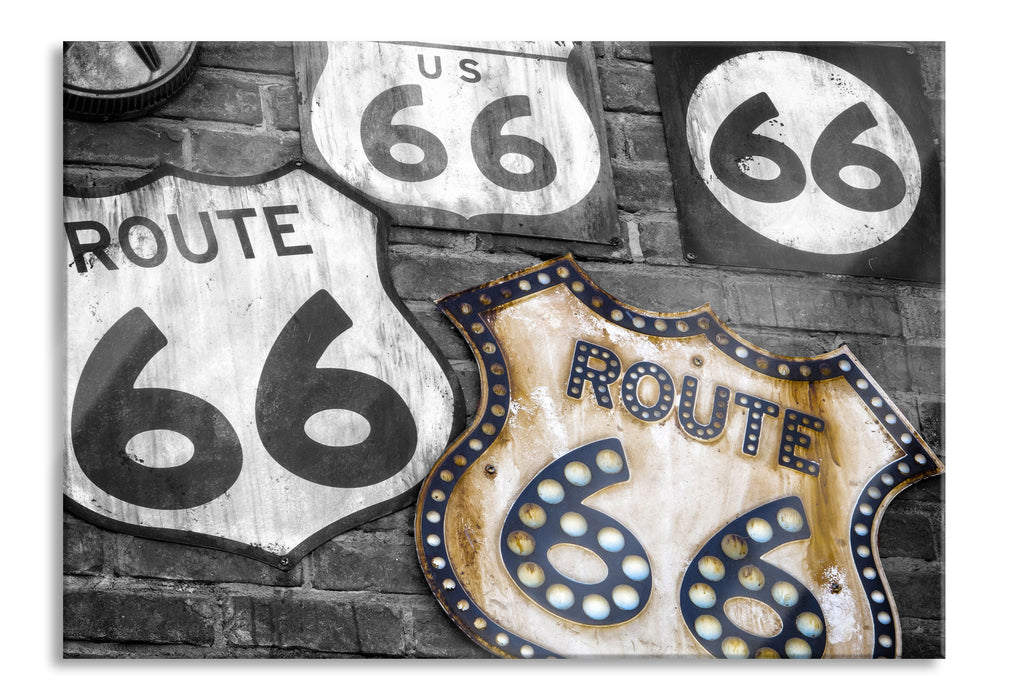 rustikale Route 66 Schilder, Glasbild