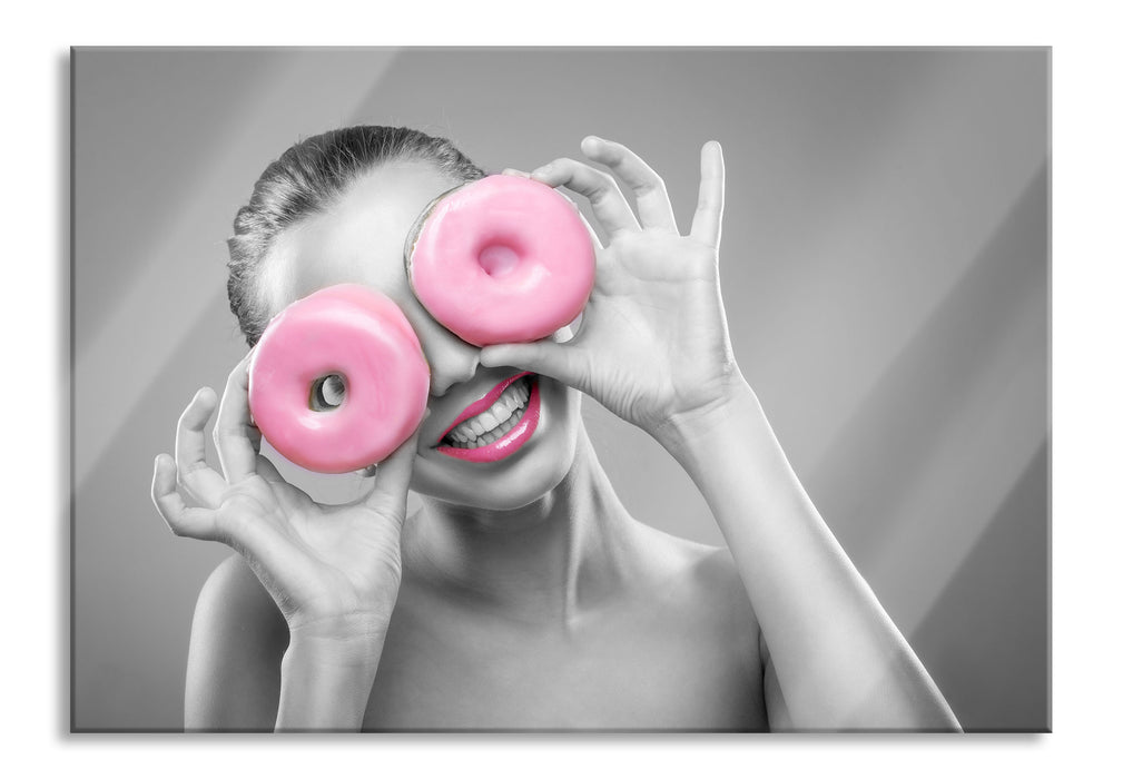 Pixxprint Frau mit Donut Augen, Glasbild