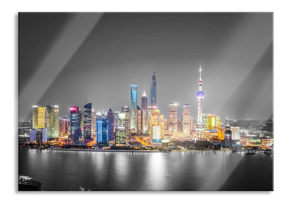Pixxprint Shanghai Skyline bei Nacht, Glasbild