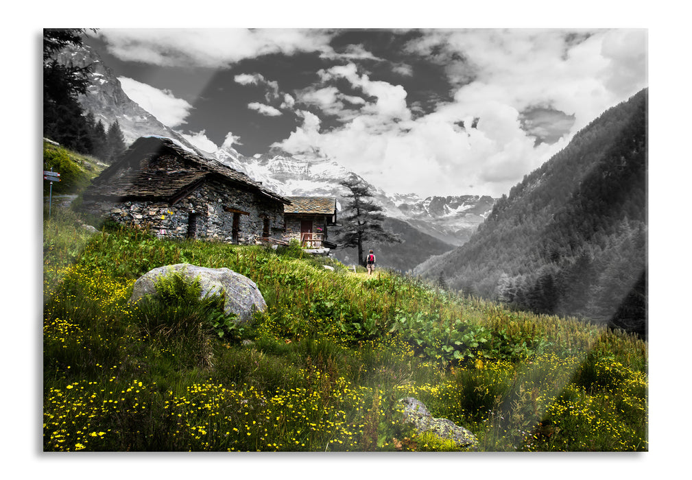 Steinhütte auf Berg, Glasbild