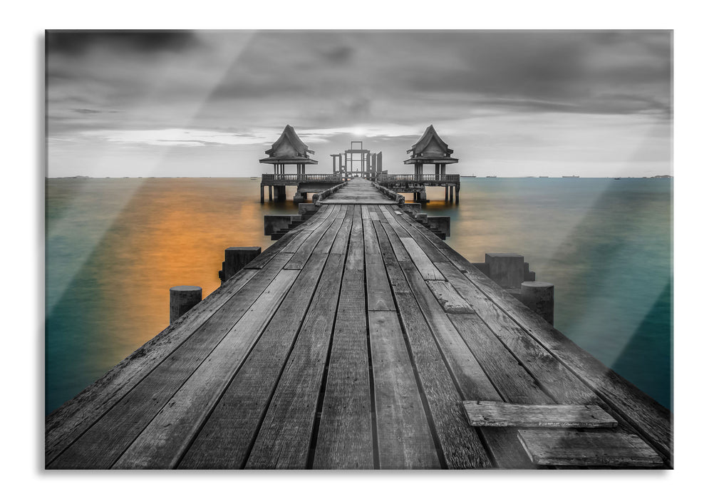 Pixxprint Bootssteg beim Sonnenuntergang, Glasbild