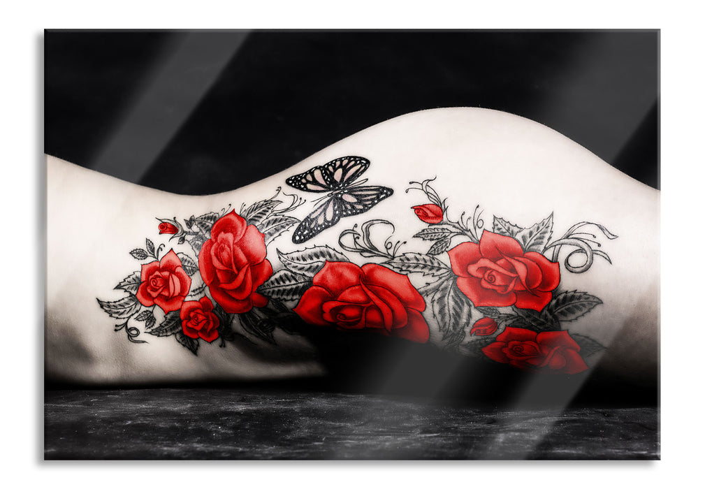 Pixxprint Rosen Tattoo mit Schmetterling, Glasbild